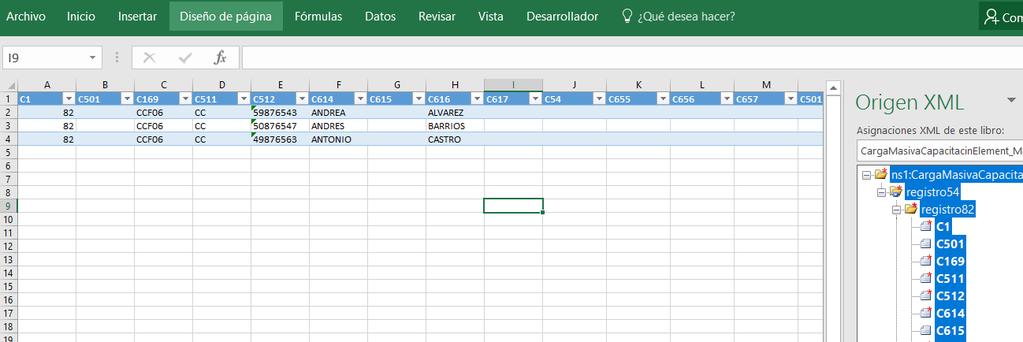 5- Exportar archivo XML desde Microsoft Excel: Una vez se tiene el documento de Microsoft Excel con los