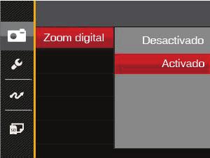 Zoom digital Esta configuración es para el ajuste del zoom digital. Si esta función está desactivada, sólo puede utilizarse zoom óptico.