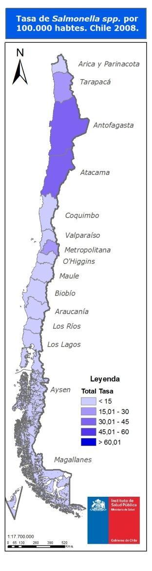 6 Figura 4: Tasa de incidencia de Salmonella spp. por año y región, casos confirmados. Chile, 2008 2011.