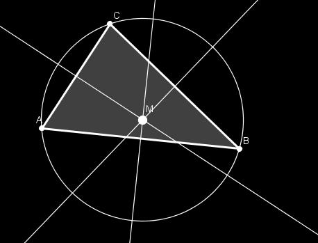 Traza sus mediatrices con la herramienta Mediatriz en cada uno de sus lados. Comprueba que se cortan en un punto M. Dibuja la circunferencia con centro M que pasa por uno de los vértices.