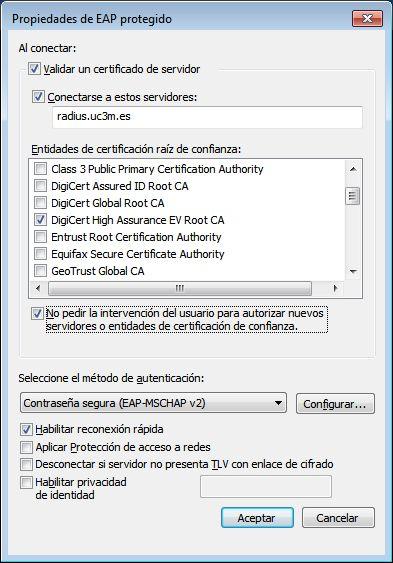 Aparecerá la siguiente ventana: Deberás marcar los siguientes apartados : Validar un certificado de servidor. Conectarse a estos servidores: radius.uc3m.