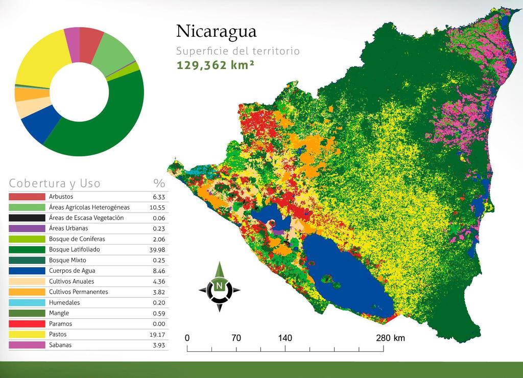 NICARAGUA De los 129,362 km 2 de territorio con que cuenta Nicaragua, las categorías que fueron identificadas a través de los diferentes procesos de clasificación, se