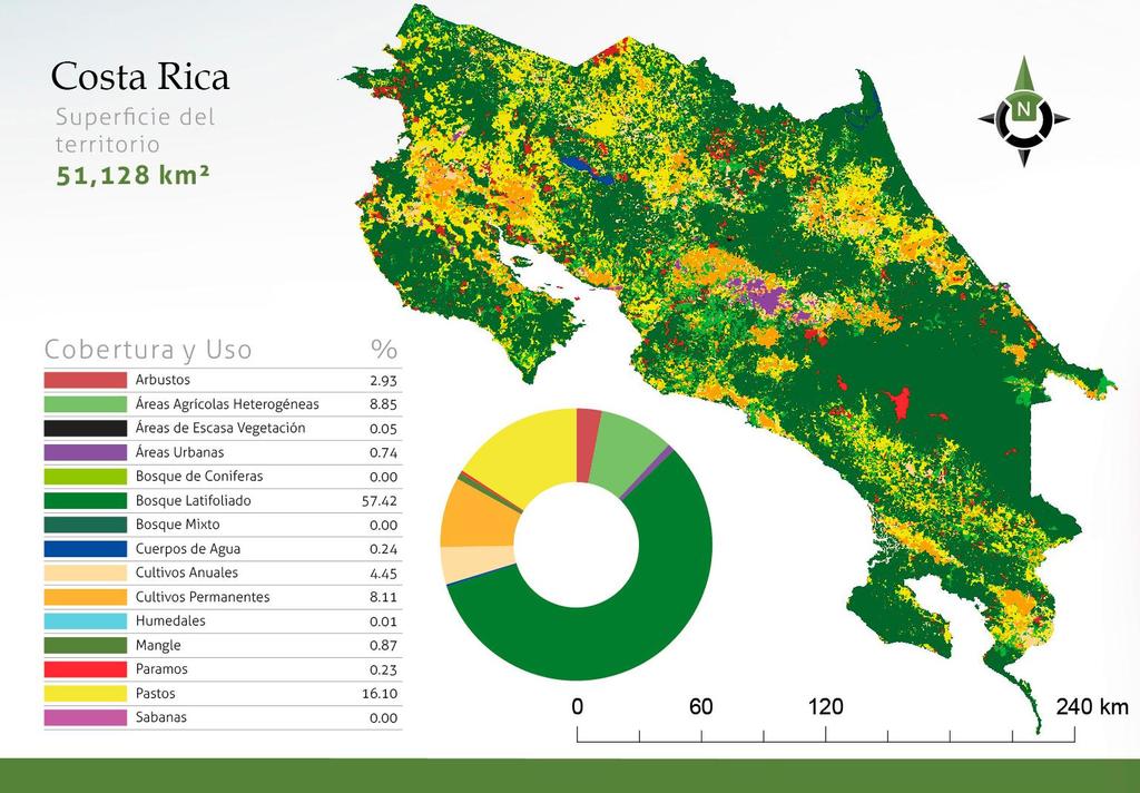 COSTA RICA De los 51,128 km 2 de territorio con que cuenta Costa Rica, las categorías que fueron identificadas a través de los diferentes procesos de clasificación, se