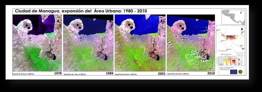 2.3.2.5 NICARAGUA En el año de 1980 la ciudad de Managua cubría una superficie de área urbanizada de 2,890 hectáreas, ya para el año de 1990 la superficie de área se expandió en un 39.