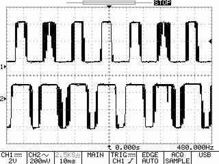 En las imágenes se puede apreciar que la escala del osciloscopio es de 2 V por división, por lo tanto se tiene que a la salida del DSP hay un nivel de tensión de 3.38 V aproximadamente.
