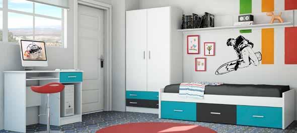 Dormitorio juvenil compuesto por: Cabecero juvenil de 90 cm y Mesita noche 2c. En color blanco con azul lao y gris. 0384-AG.