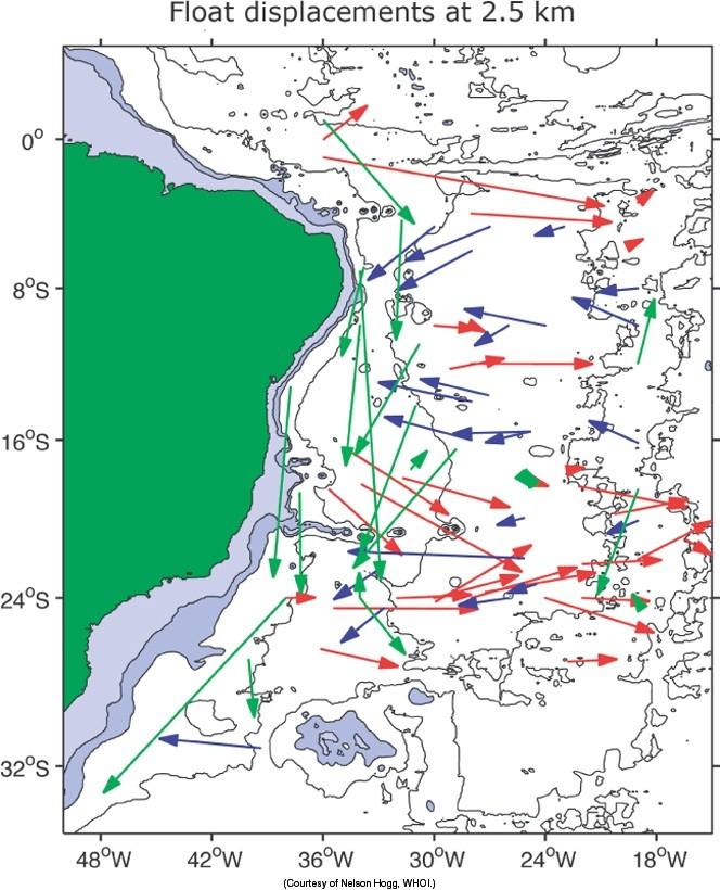 Figura 10.10 Desplazamientos de boyas en un intervalo de 600-800 días a una profundidad de 2.5 km. Se observa el movimiento de la NADW en el Atlantico Sur.