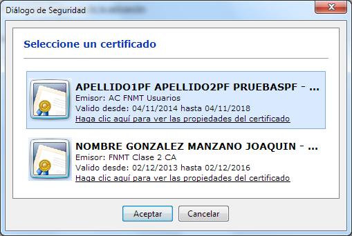 Una vez se pulsa el botón Seleccione un certificado digital aparecerá un lisatado de los certificados configurados en el navegador con el que está accediendo a la aplicaión.