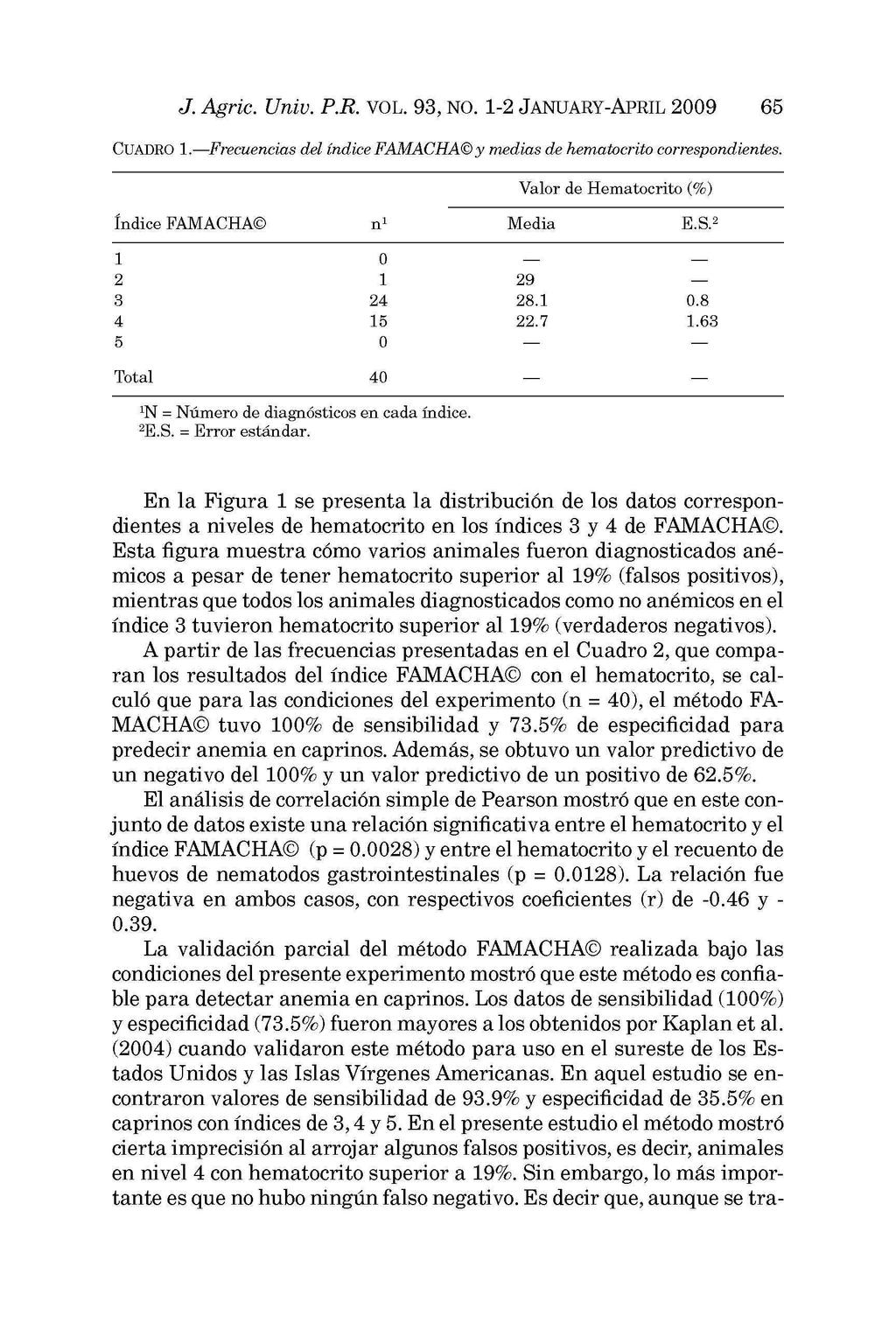 J. Agrie. Univ. P.R. VOL. 93, NO. 1-2 JANUARY-APRIL 2009 65 CUADRO 1.Frecuencias del índice FAMACHA y medias de hematocrito correspondientes.