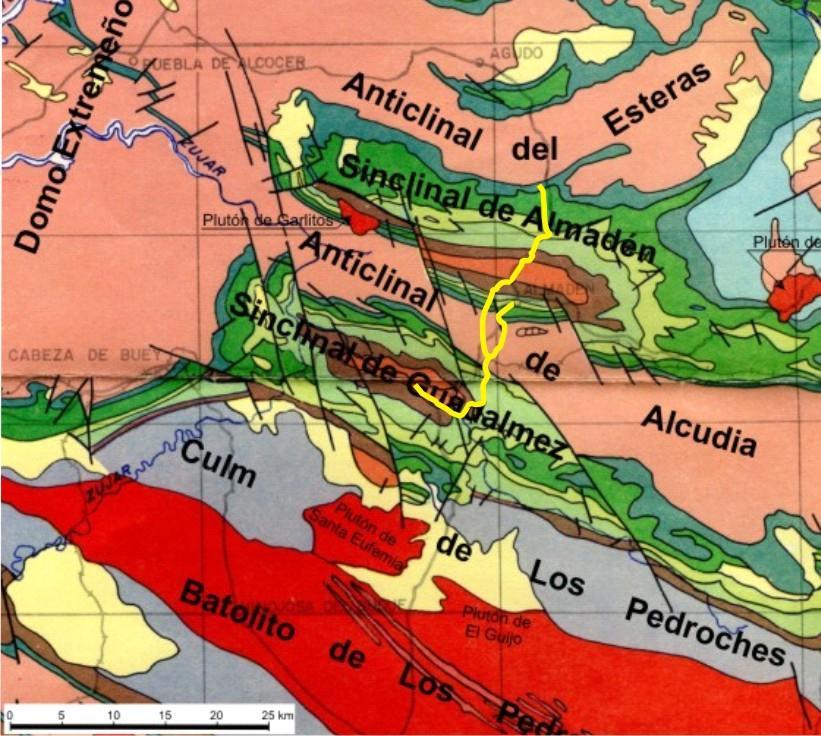 La geología de la zona de Almadén La comarca de Almadén se localiza en la parte meridional de la Zona Centroibérica, tal como se subdivide el Macizo Ibérico o Hespérico, el cual se compone