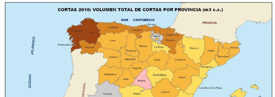Mapa 4.1 Galicia sigue siendo la comunidad autónoma con mayor volumen de cortas, un 57,5% del total nacional, y el 65% de las cortas de frondosas.
