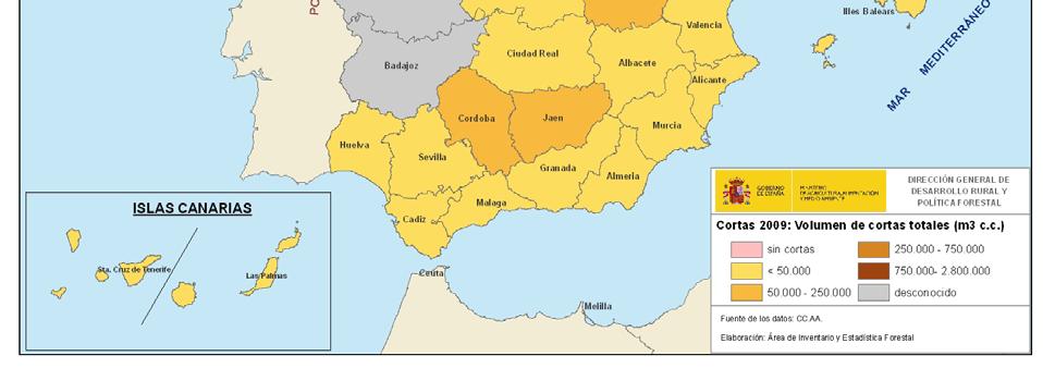 000 m3; en las 4 gallegas, en Asturias y en Vizcaya. Sólo en La Coruña se cortó el 23% del total a nivel nacional.