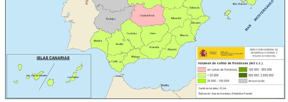 En el caso de las frondosas, al igual que con las coníferas, la mayor concentración de cortas se da en provincias gallegas, en concreto en A Coruña, Lugo y Ourense y también en Asturias, todas ellas