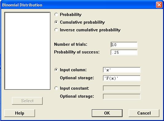 Edgar Acuña Capítulo 5 Distribuciones de Probabilidades 138 Figura 5.2. Ventana de diálogo para calcular probabilidades acumuladas de una distribución Binomial.