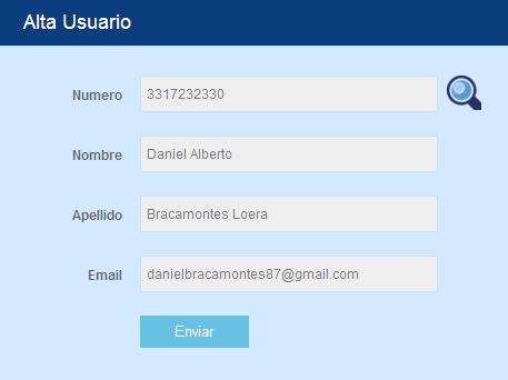 1.4 Una vez validado el formulario se mostrara la Informacion encontrada durante la búsqueda (nombre, apellido, email) y se habilitara el botón Enviar si el usuario es