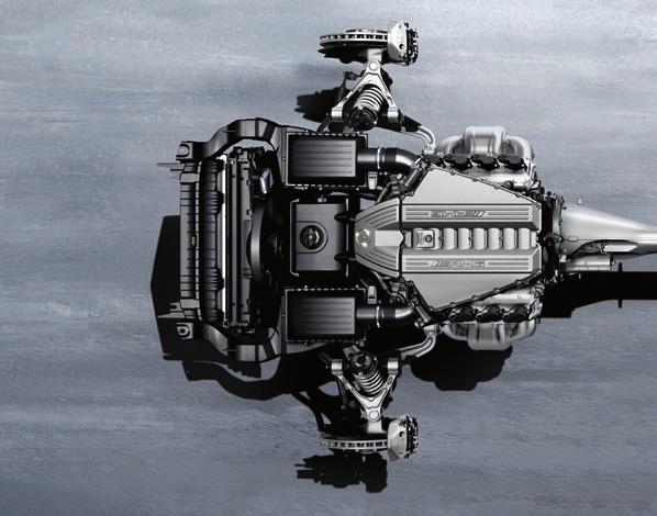 Prestaciones superiores. Balance ideal. El grupo atmosférico V8 de 6,3 litros de AMG que se monta en el SLS AMG está situado detrás del eje delantero, en posición de motor delantero central.