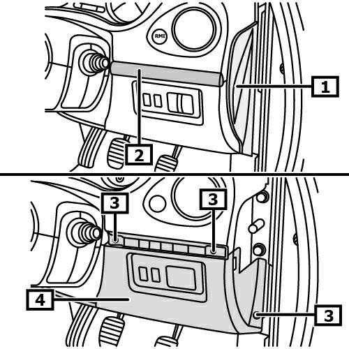 Desmontaje Imagen 1 Desbloquear palanca de mando - eje de dirección. Desactivar el sistema de airbag. Observar la posición del montaje de la conexión EOBD. Poner el volante en posición central.