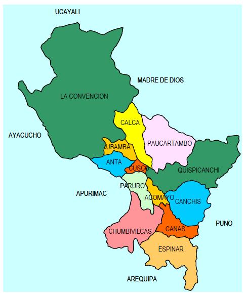 Este departamento se localiza en la parte sur-oriental del territorio nacional y limita con los departamentos de Junín y Ucayali por el norte, Madre de Dios y Puno por el este, Arequipa por