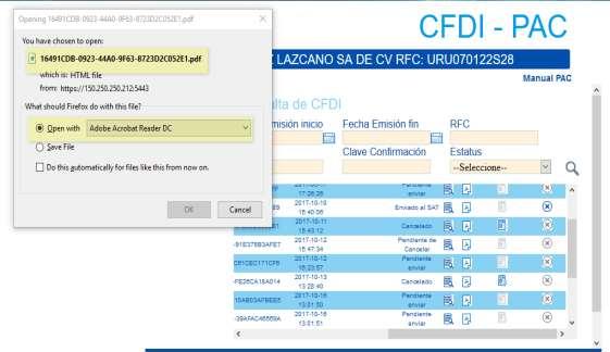 3.5.2. Cancelar CFDI De los datos mostrados en la tabla de la pantalla consulta de CFDI (ver figura 11), seguir los siguientes pasos para cancelarlo: 1. Dar clic en botón Cancelar CFDI.