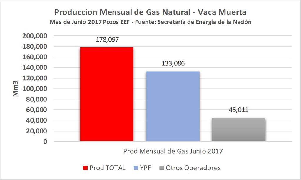 Producción Mensual de gas natural. Se puede observar la posición dominante de la empresa YPF en la producción de Vaca Muerta.