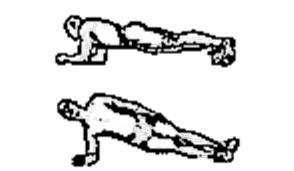 -PLANCHA FRONTAL Y LATERAL: tumbado boca abajo en el suelo, se realiza una base de apoyo con los antebrazos y los pies en forma de triángulo; una vez en posición se eleva el tronco manteniendo en