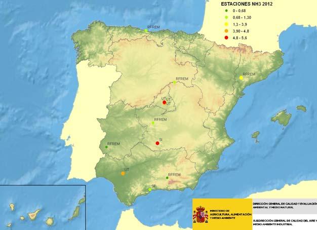 Figura 4.153. Situación de España para el NH 3 (2012): Estaciones. Tabla 4.21. Medias anuales de NH 3 en 2012 por estaciones.