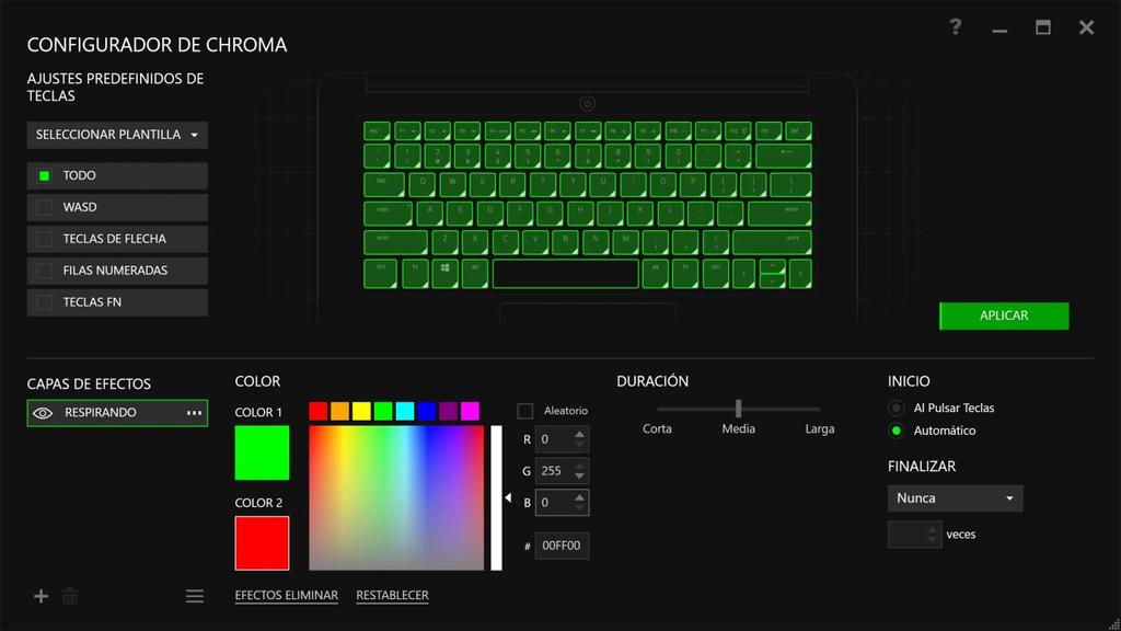 Opciones avanzadas de iluminación Accesible desde Razer Synapse, es un configurador de Chroma avanzado para tu dispositivo habilitado para Chroma.