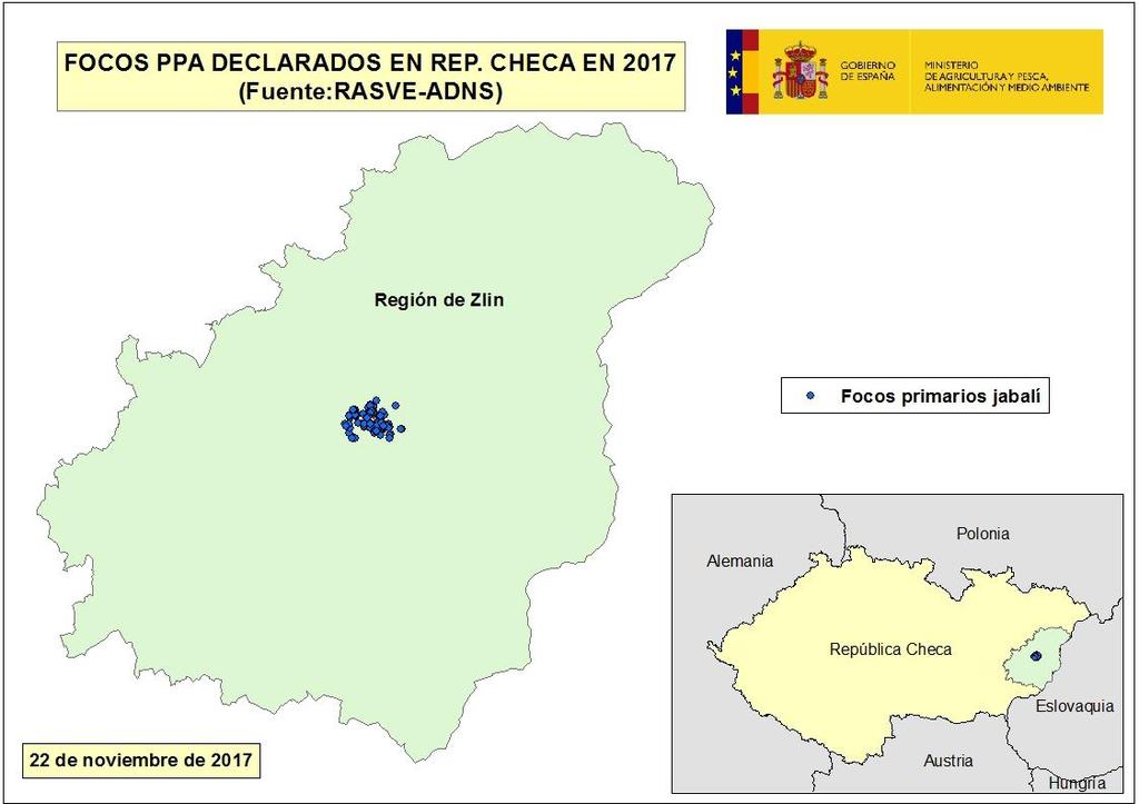 Mapa focos Rep. Checa 2017 (22 noviembre 2017) (fuente RASVE-ADNS) 2.6.