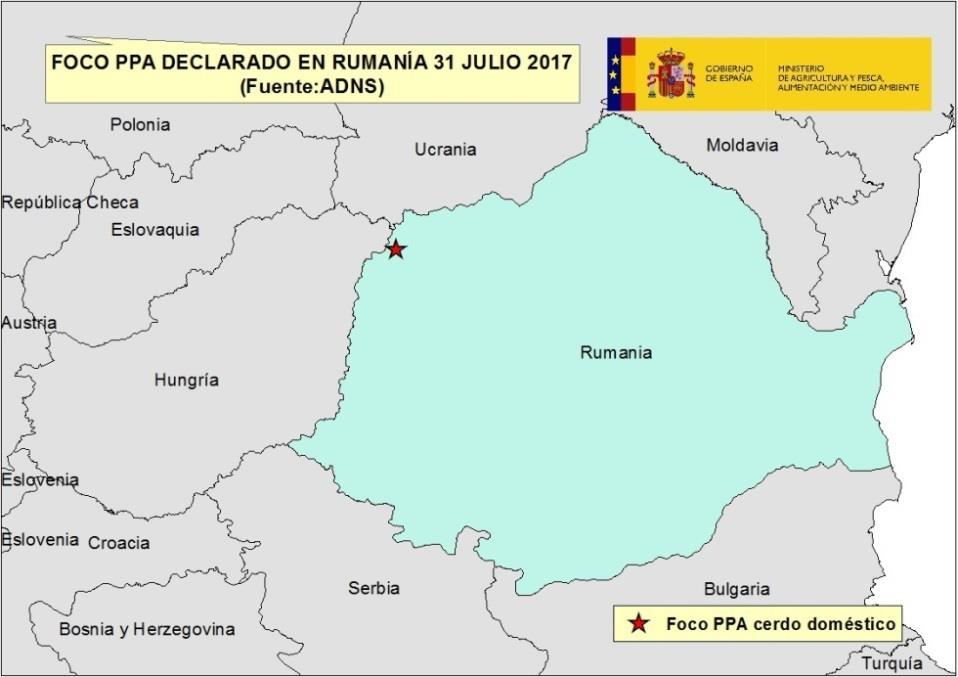Mapa foco Rumanía 31 julio 2017 (fuente ADNS) El 1 de agosto se notificó un segundo foco de Peste Porcina Africana (PPA) en una explotación de traspatio relacionada epidemiológicamente con la