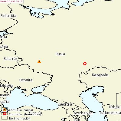 Mapa OIE focos Rusia 17 febrero 2017 El 22 de febrero de 2017 Rusia declaró a la OIE un foco en el oblast de Oriol afectando a 27 jabalíes y otro foco en el oblast de Sarátov en una