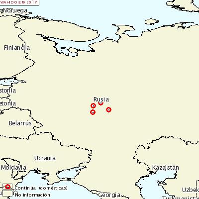 Mapa OIE focos Rusia 4 agosto 2017 El 11 de agosto de 2017 Rusia notificó a la OIE un foco en un jabalí en el oblast Nizhegorod y 7 en