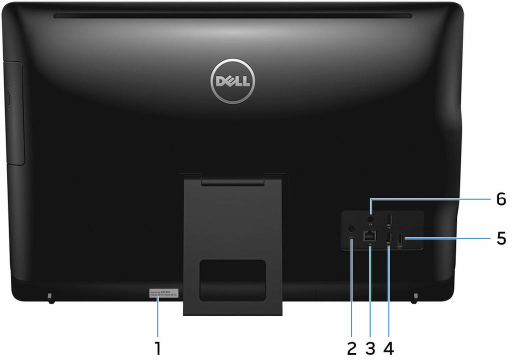 Parte posterior 1 Etiqueta de servicio La etiqueta de servicio es un identificador alfanumérico único que permite a los técnicos de servicio de Dell identificar los componentes de hardware del equipo