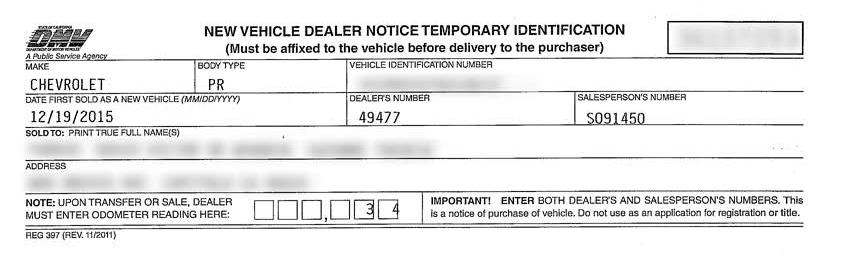 Ejemplo 2: Aviso de vehículo nuevo del concesionario (Registro temporal) El registro normalmente se encuentra
