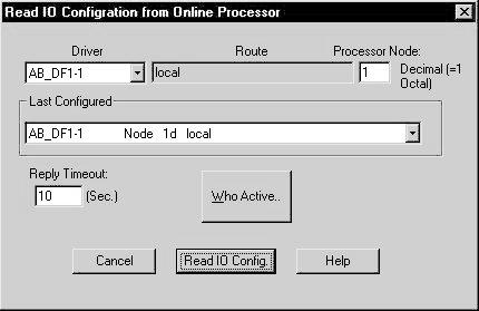 Apéndice E Configuración de módulos mediante un sistema MicroLogix 15 y software RSLogix 5 Aparece un cuadro de diálogo de comunicación que identifica la configuración de comunicación actual, de