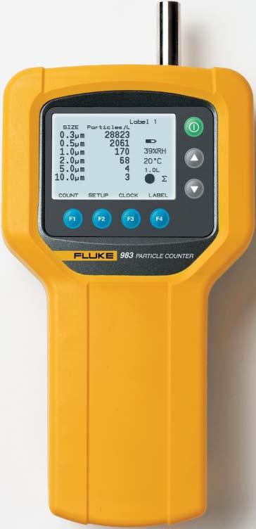 Contador de partículas 983 Herramienta de fácil uso para tareas de mantenimiento de la calidad del aire El contador de partículas Fluke 983 mide y representa en pantalla, simultáneamente, y en seis