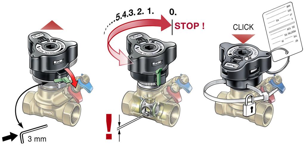 El drenaje de los tubos del sistema puede realizarse de forma selectiva: Si se abre la toma de prueba de color rojo, se drenará el tubo de entrada de la válvula.