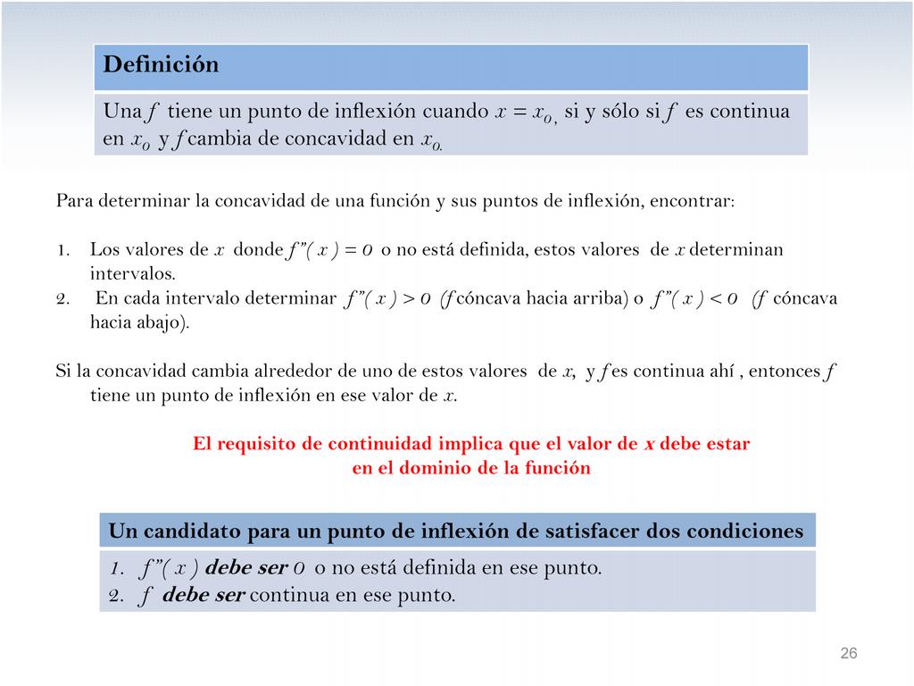 Definición Una f tiene un punto de inflexión cuando x = x0, si y sólo si f es continua en x0 y f cambia de concavidad en x0.