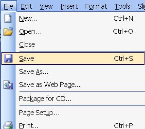PowerPoint 2003 Página 5 Save (Guardar) Save: Dé clic en File y luego en Save. De esta manera guarda el trabajo como una presentación que puede modificar y volver a guardar. Save As.