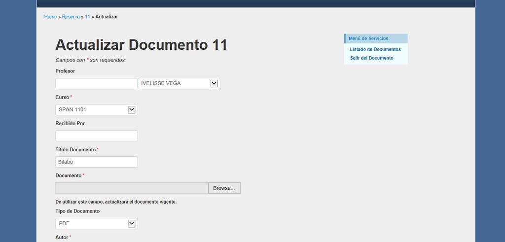Plantilla para editar y actualizar registro del documento Para salir del documento sin