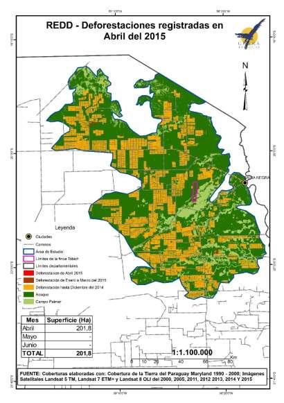 Fig. 2. Cambio de uso de la tierra en la zona de influencia de Tobich en el mes de abril. Fuente: Laboratorio de Geoprocesamiento, Asociación Guyra Paraguay (2015) 2.