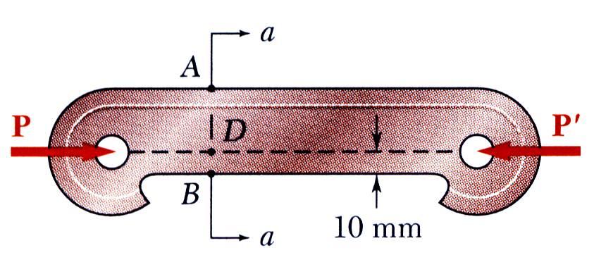 Ejemplo Problema 4.8 Las tensiones admisibles maores para el enlae de hierro fundido son 30 Pa en tensión Pa a ompresión. Determine la fuerza más grande P que se puede apliar al enlae.