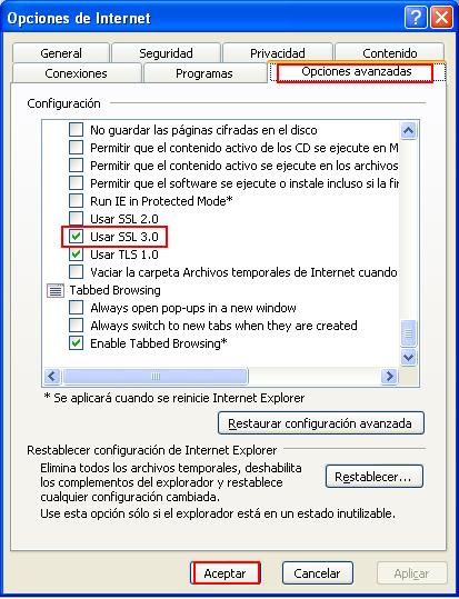 3.2 Internet Explorer 3.2.1 Tener habilitado SSL 3.0. El protocolo SSL 3.