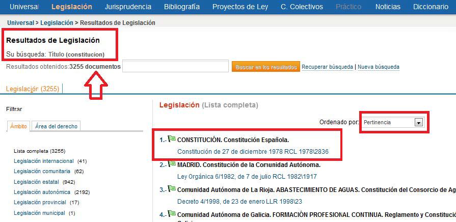 EN TITULO: CONSTITUCION FORMA 2: usando el índice de rangos. Si buscamos constitución el resultado se reduce de más de 1000 coincidencias a 6.