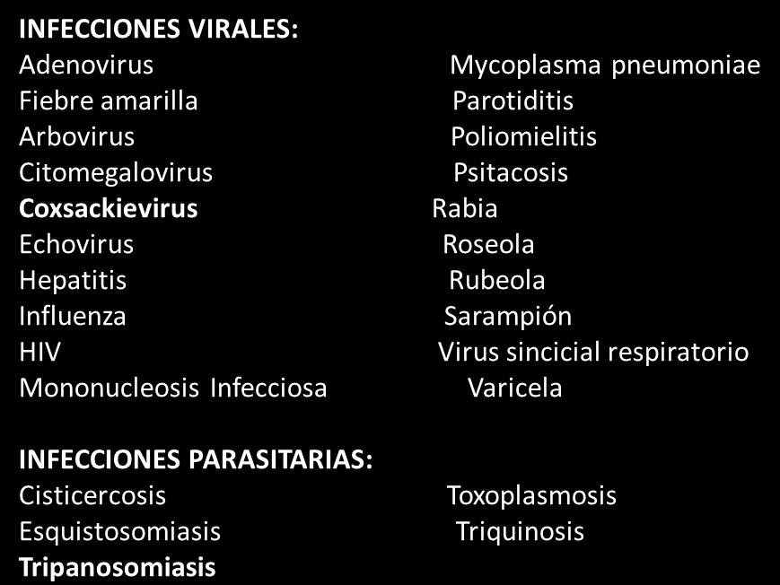 INFECCIONES VIRALES: Adenovirus Fiebre amarilla Arbovirus Citomegalovirus Coxsackievirus Echovirus Hepatitis Influenza HIV Mononucleosis Infecciosa INFECCIONES PARASITARIAS: Cisticercosis