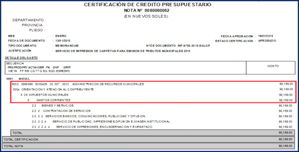 2.6.19 Nota de Certificación de Créditos Presupuestarios (Notas de Certificación de Créditos presupuestarios) Se