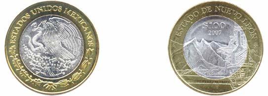 Especificaciones Técnicas: (a) Moneda bimetálica en plata y bronce-aluminio. Valor Facial: cien pesos. Diámetro: 39.0 mm. Canto: estriado discontinuo. Composición: núcleo de plata sterling (ley 0.