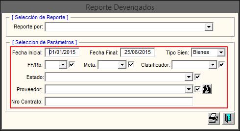 El Sistema mostrará la ventana Reporte Devengados, en la cual, el Usuario seleccionará el reporte correspondiente, activando la barra de despliegue, como se muestra a continuación: Asimismo, se podrá