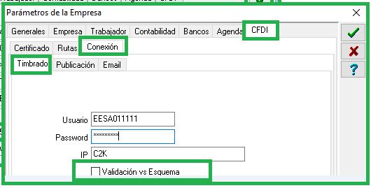 Se conservan los datos de Usuario, Password e IP, se adiciona el box Validación vs Esquema; al activarse realizara la validación del esquema del CFDI