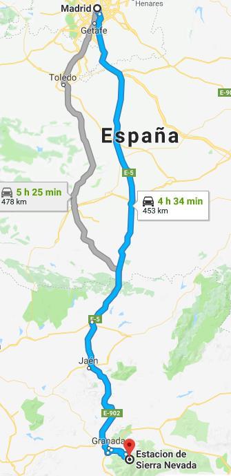 TRANSPORTE En vehículos particulares. COMO LLEGAR: De Madrid a Estación de Sierra Nevada en coche 453 km, 4 h 42 min Toma Av del Manzanares desde Carrera de S.