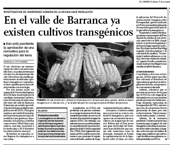 Estudios de monitoreo de transgenes en Perú Año 2007: Monitoreo de transgénicos en el Valle de Barranca. Eventos encontrados en cosechas nacionales: NK603 y Bt11.